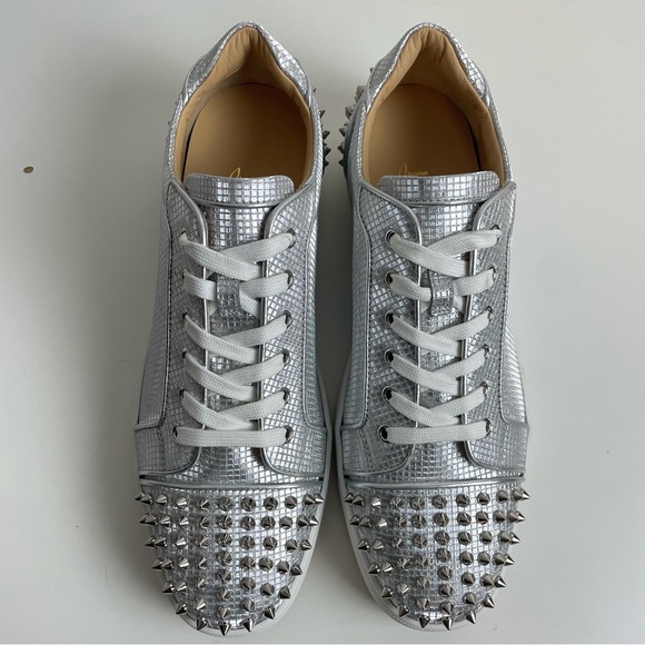 Christian Louboutin Low Sneaker Vieira 2 Spike Men 45.5 Silver Glittered Leather - Picture 4 of 15